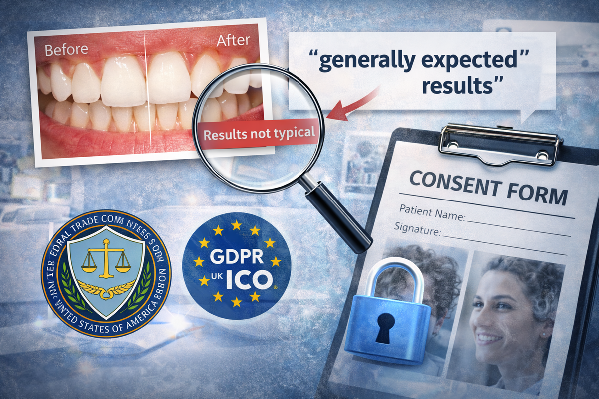 A visual concept showing before-and-after dental results alongside legal symbols and a consent document, highlighting risks of misleading claims and data protection.