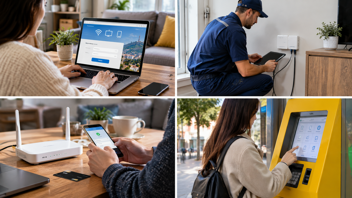 Four scenes of connecting home internet: signing up on a laptop, a technician installing equipment on a wall, paying via phone app next to a router, and a woman using a yellow payment terminal on the street.