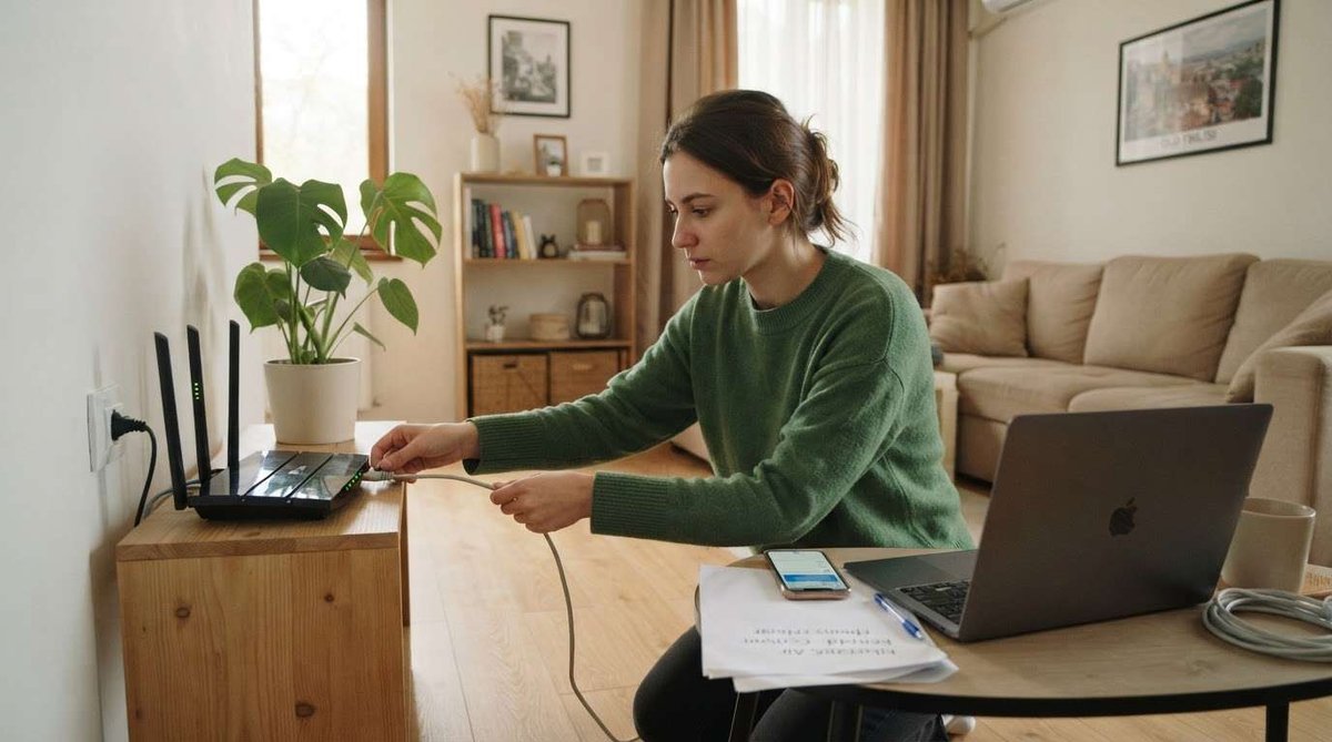A woman plugging a cable into a router on a wooden stand, with a laptop, phone, and rental documents on a nearby table in a living room.