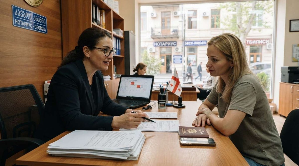 A notary discussing documents with a client holding her passport and phone, with a "Нотариус" sign visible through the window on a city street.