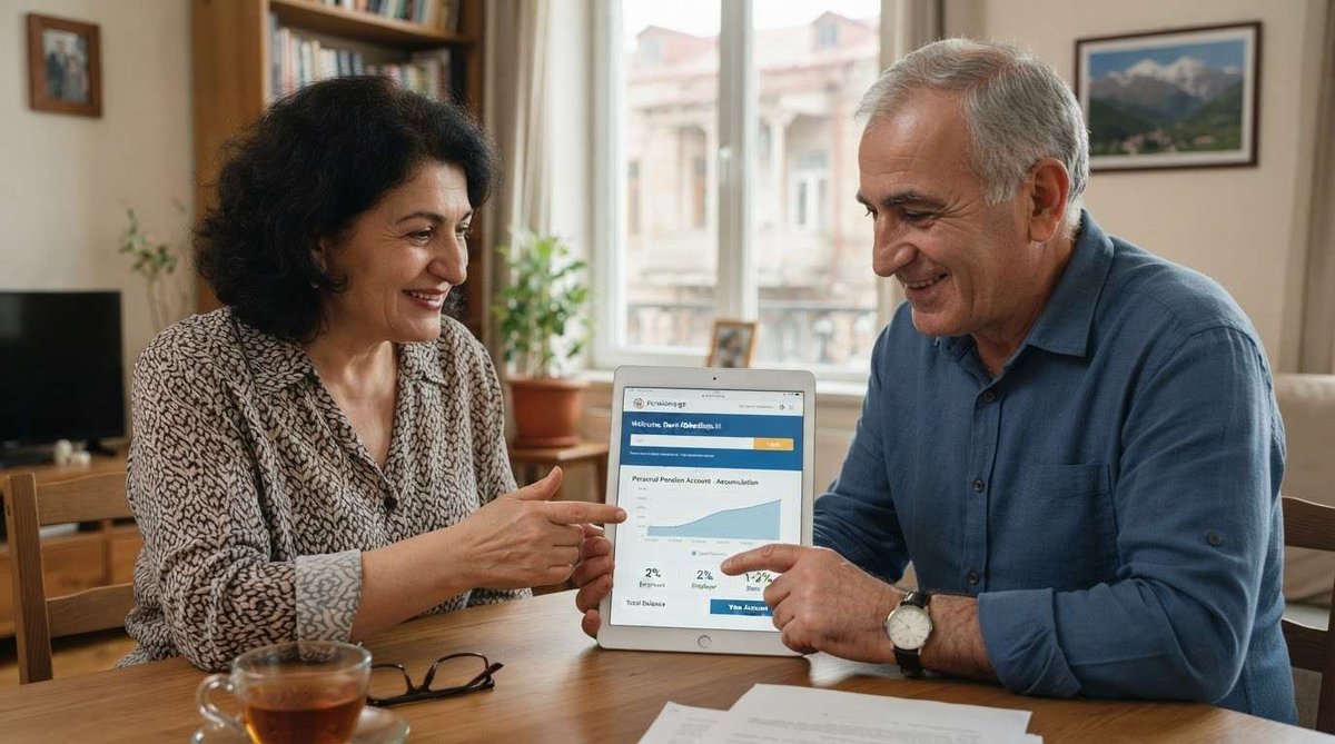 A smiling man and woman at a kitchen table point at a tablet showing a personal pension accumulation chart, with tea, glasses, and papers on the table.