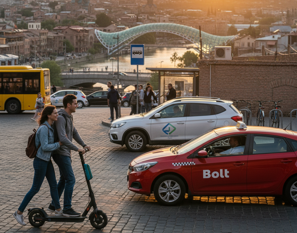 A couple riding a double e-scooter across a cobblestone square past a waiting Bolt taxi and a bus stop, with the Peace Bridge and Old Tbilisi visible at sunset.