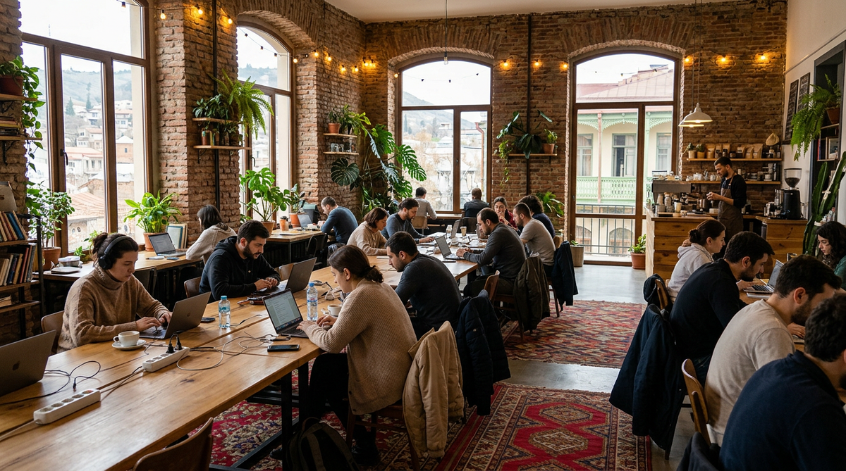 People working on laptops at shared wooden tables under exposed brick arches, with plants, string lights, and a barista at the counter in the background.