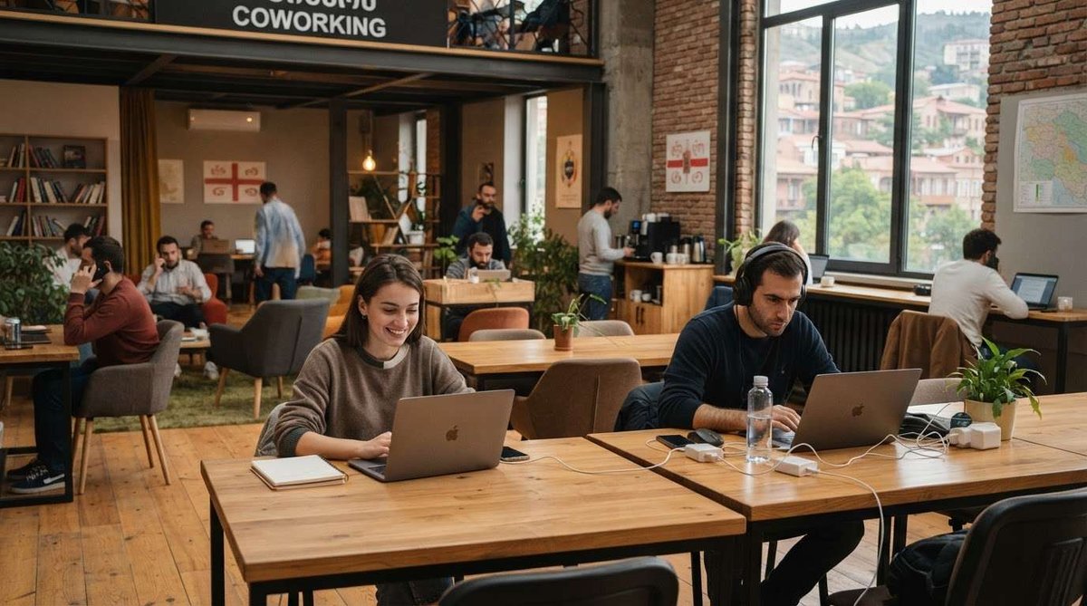 People working on MacBooks at shared desks in a brick-walled coworking space, with Georgian flags on the wall and a hillside view through large windows.