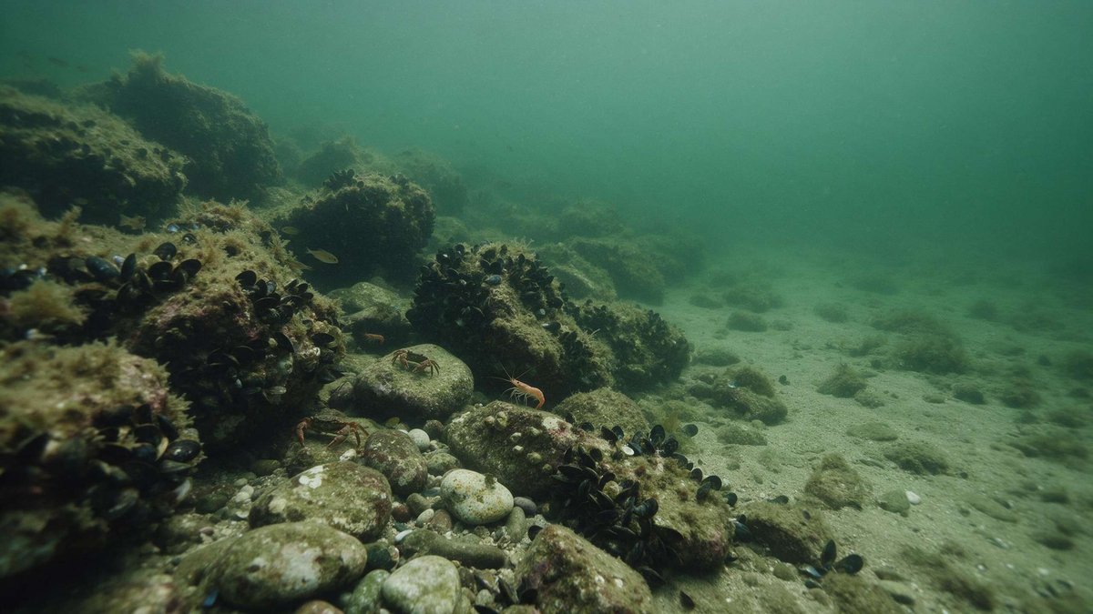 Small crabs and a shrimp move among mussel-encrusted rocks on a murky seabed, with hazy green water in the background.