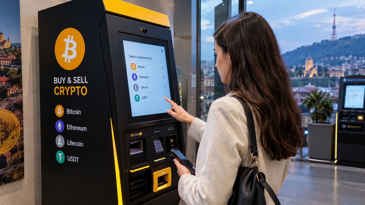 Woman using a cryptocurrency ATM in Georgia, with Bitcoin, Ethereum and other digital assets displayed on the machine.