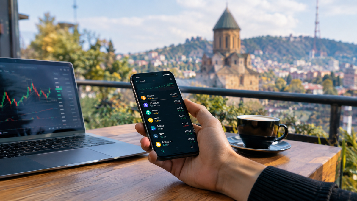 Cryptocurrency trading in Georgia with a smartphone, laptop and digital asset charts against a Tbilisi cityscape.