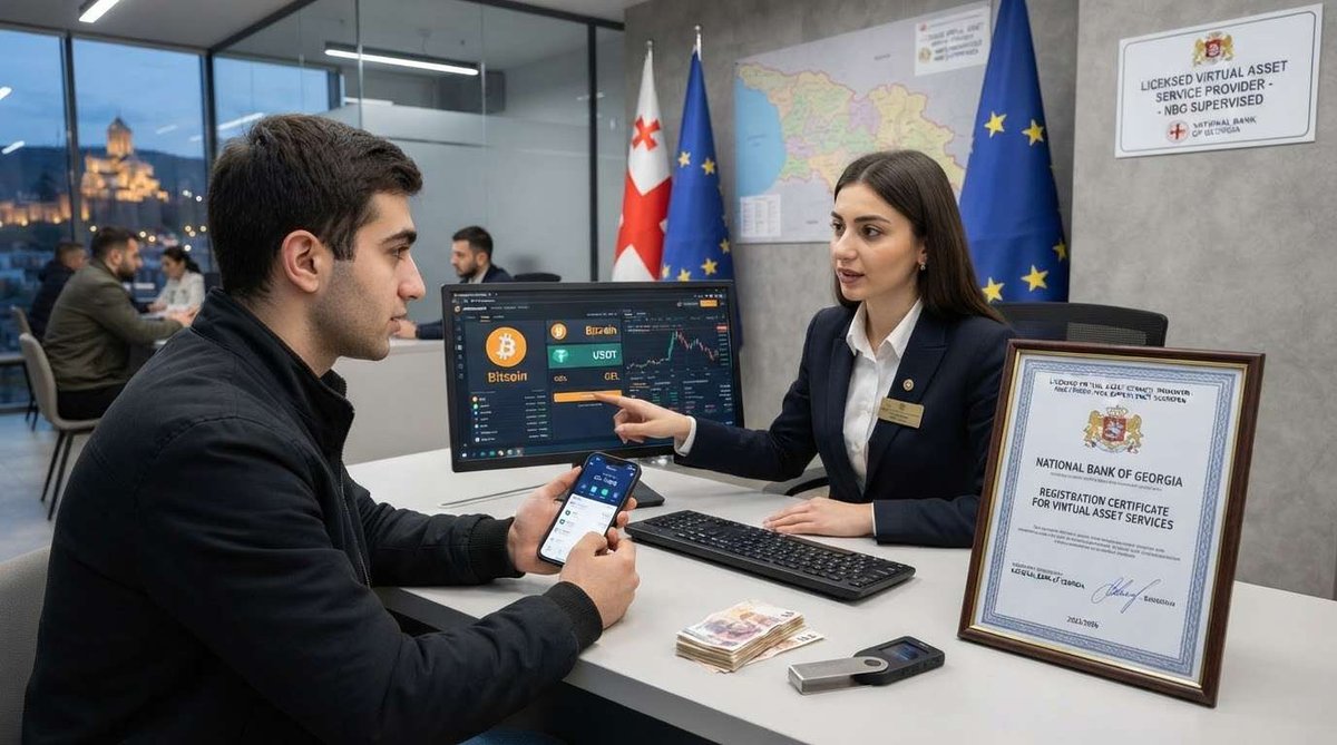 Crypto user consulting a virtual asset service provider in Georgia, with cryptocurrency trading screens and regulatory documents.