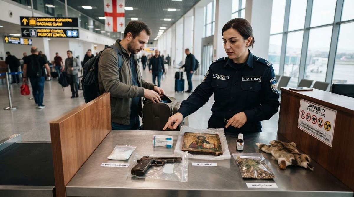 A customs officer pointing out confiscated items — a firearm, vials, a religious icon, and plant material — spread on a table as a traveler opens his bag beside a "Restricted Items" sign.