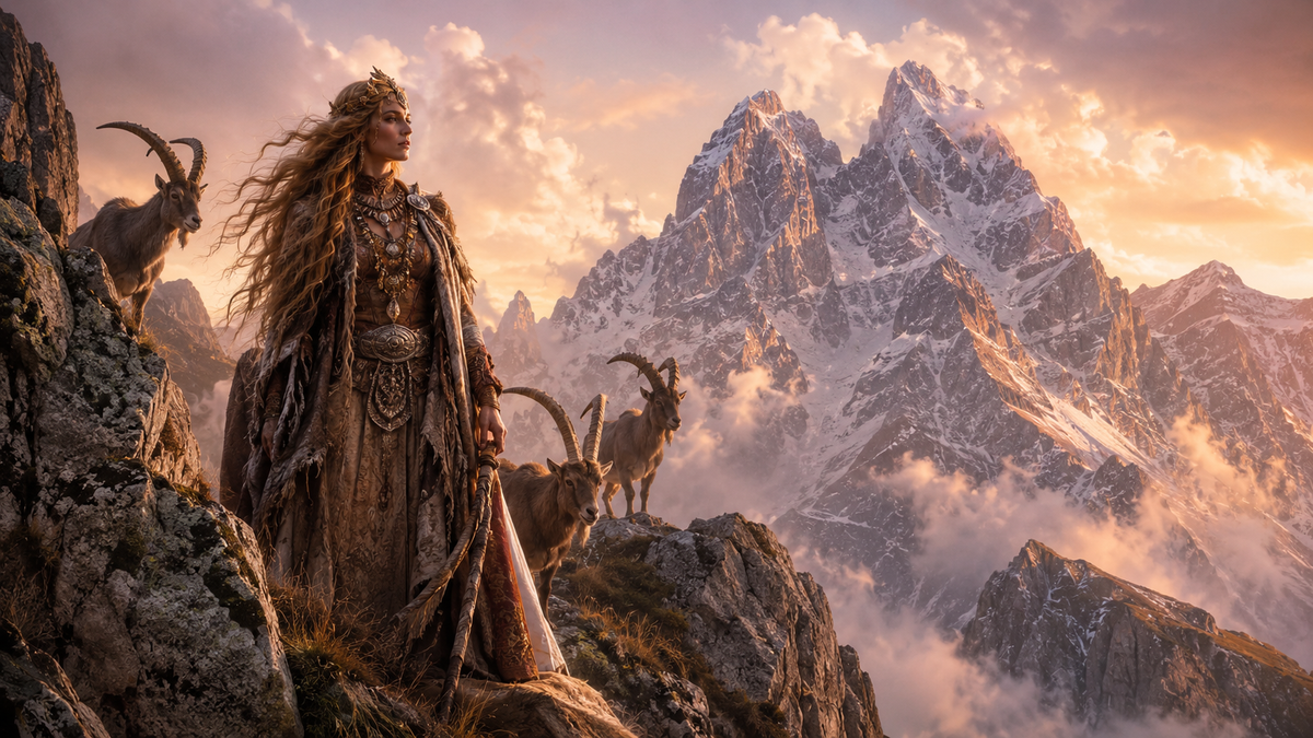 Atmospheric main illustration for an article about Dali, the Svan goddess of the hunt, showing a majestic mountain goddess standing among wild goats on the rocky slopes of Svaneti, with Mount Ushba rising behind her at sunset.