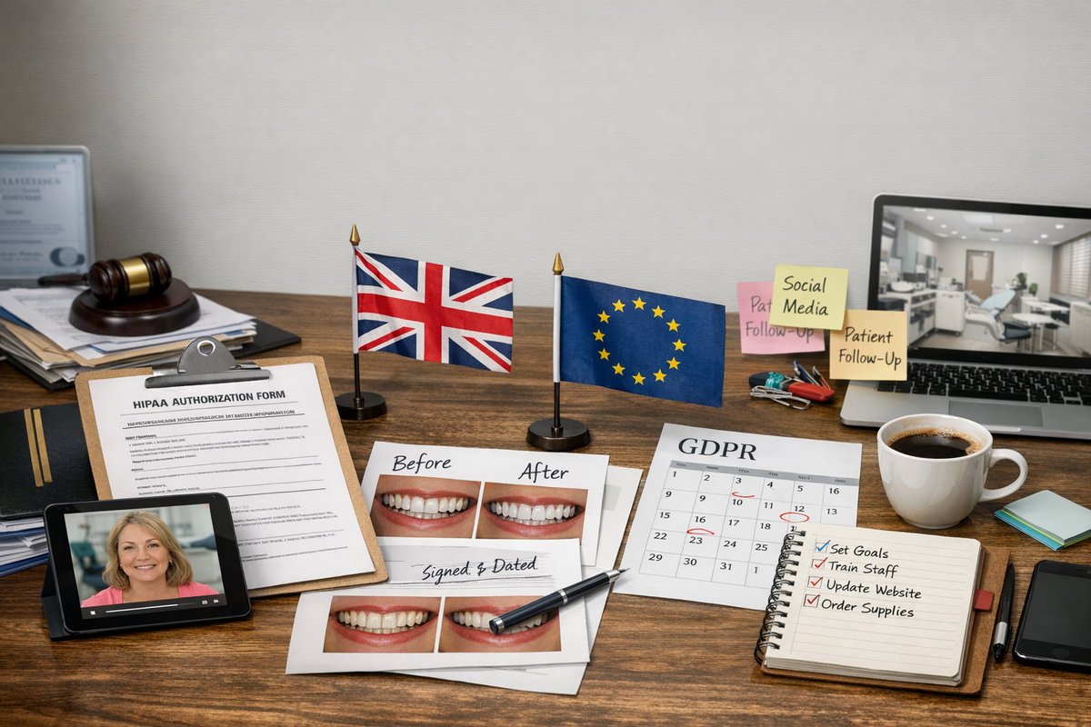 A dental office desk with compliance documents, patient photos, and digital tools, highlighting administrative work and international regulations.