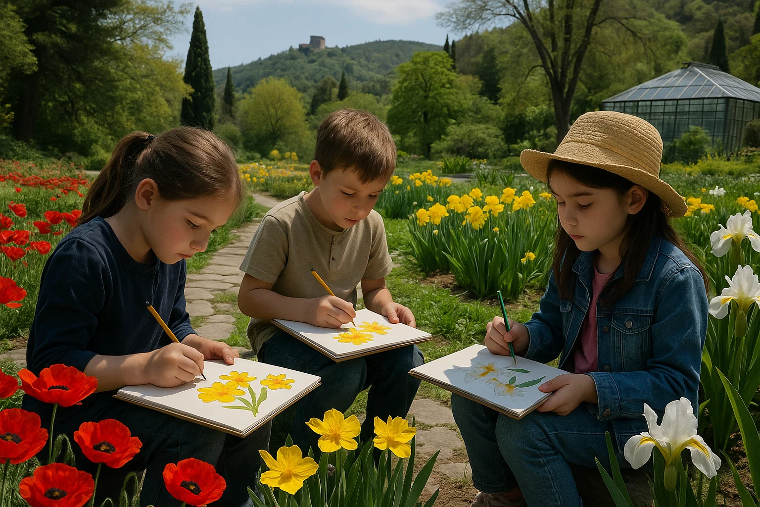Kids drawing flowers in Tbilisi Botanical Garden