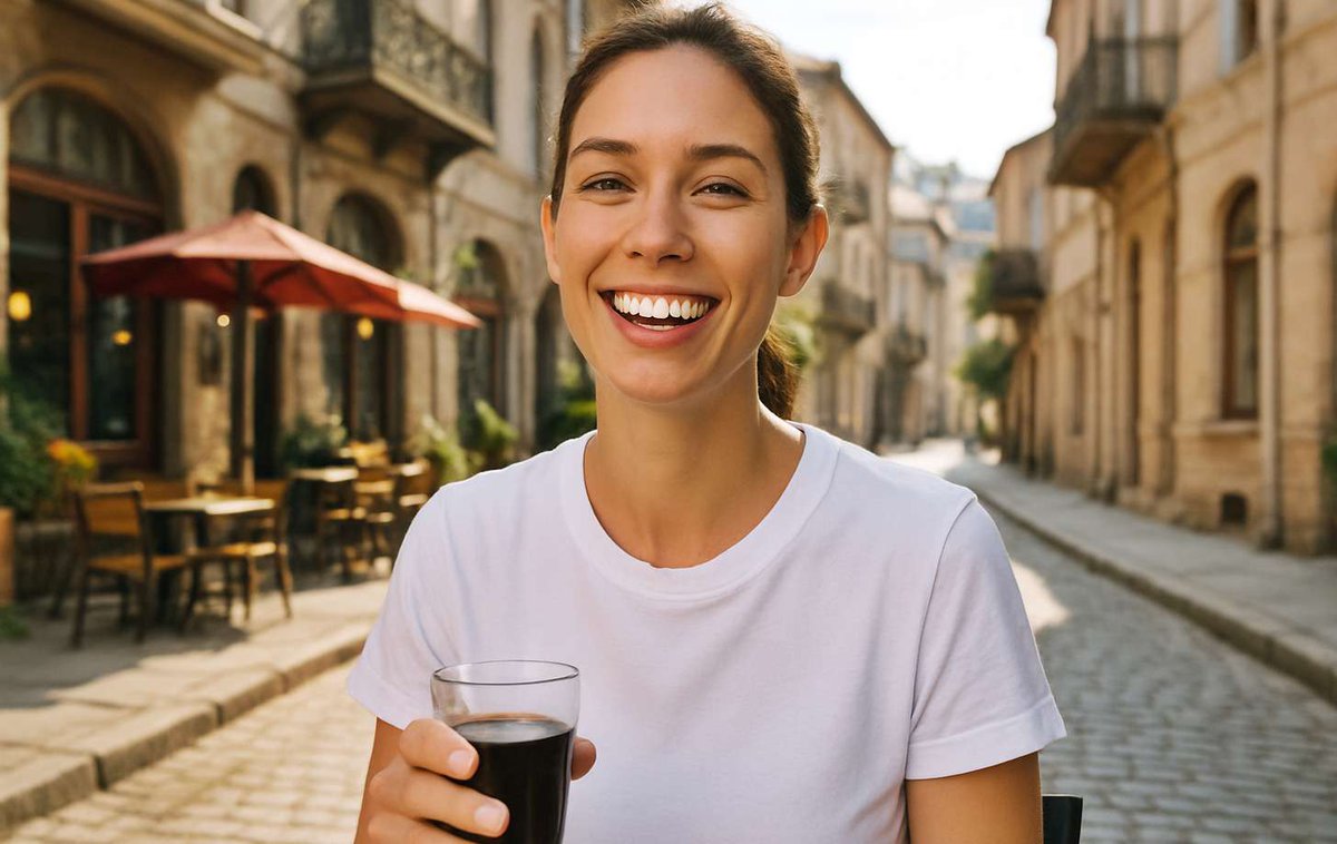 Девушка с белоснежной улыбкой на фоне города