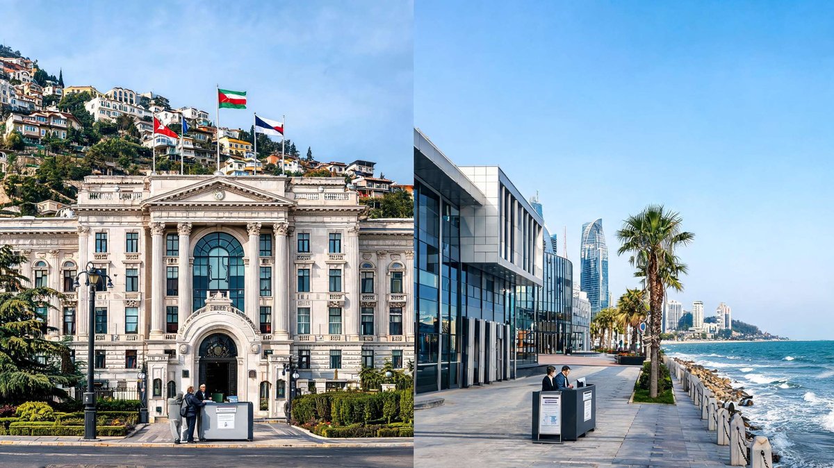 A split view of an ornate hilltop consulate building in Batumi and a modern seaside embassy complex along the palm-lined promenade.