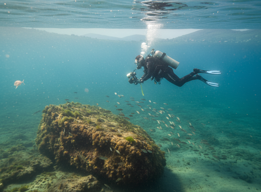 A scuba diver with a camera swims toward a moss-covered underwater boulder surrounded by a school of small fish.