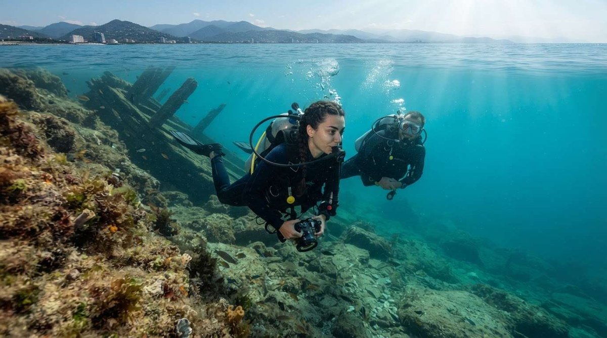 Two scuba divers with a camera swim past the wooden pilings of a submerged pier, with Batumi's coastline and mountains visible through the surface.