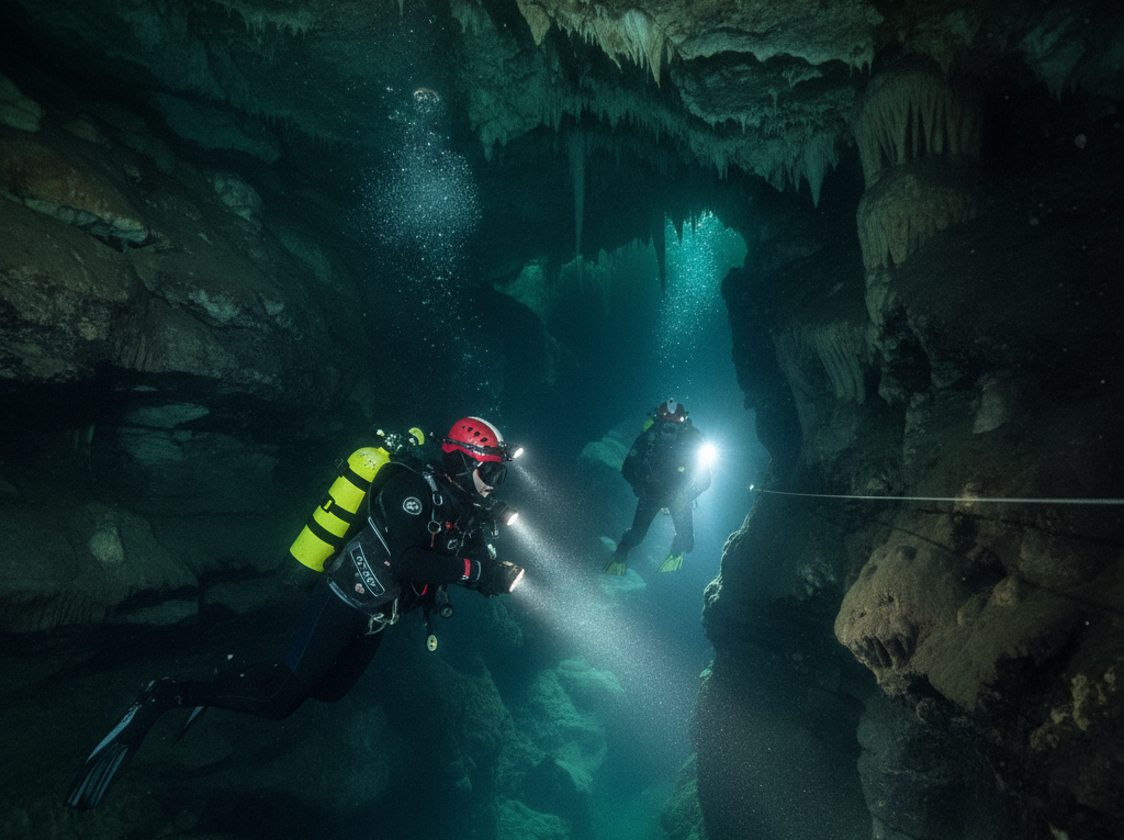 Two divers with headlamps navigate a dark, stalactite-lined underwater cave passage, guided by a safety line.