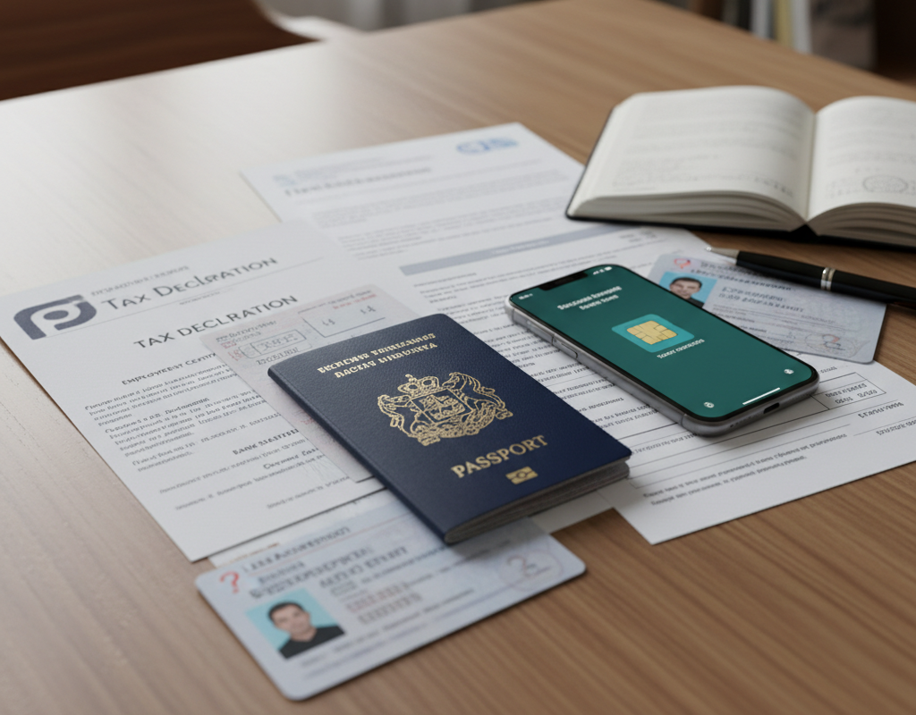A passport, ID card, phone with an eSIM screen, and tax declaration paperwork laid out on a desk, showing what's typically needed to open an account.