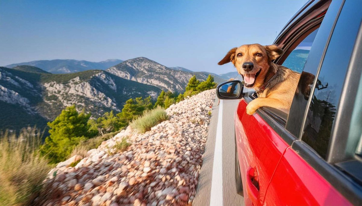 A happy dog with its paws on the window ledge of a red car driving along a winding mountain road — illustrating traveling by car with a dog in Georgia, and whether pets can ride in taxis, the metro, trains, and marshrutkas.