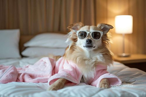 A fluffy dog wearing sunglasses and a pink robe lounging on a hotel bed beside a lit lamp — illustrating pet-friendly hotels in Georgia.