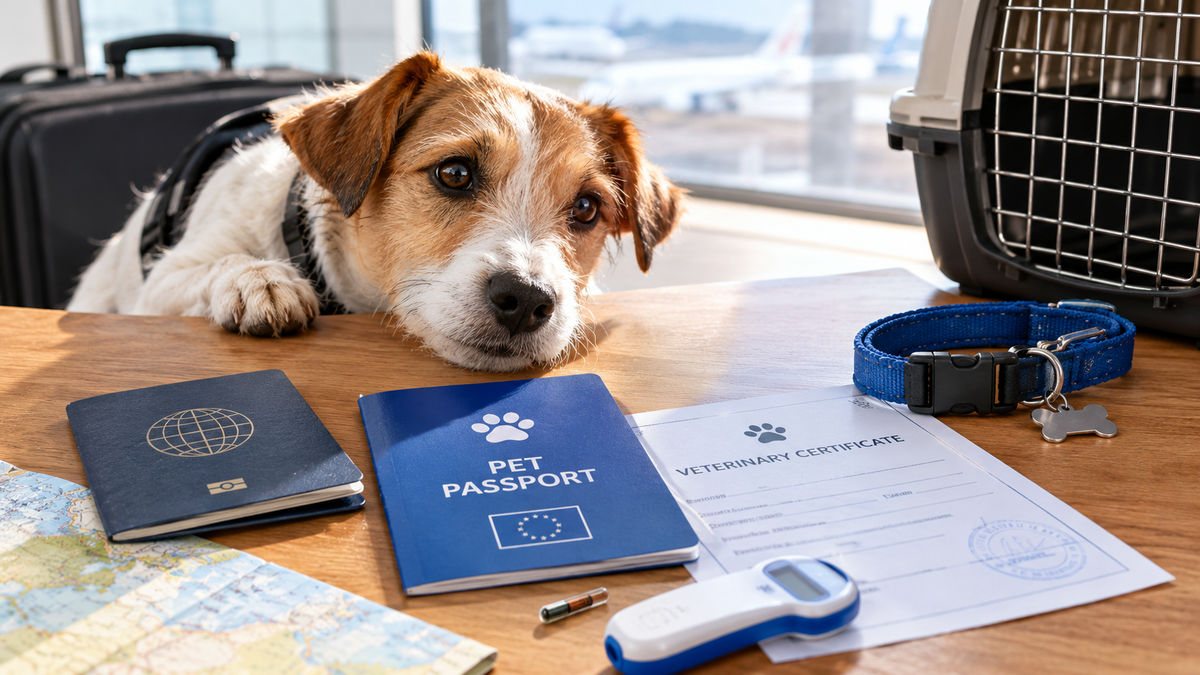 A dog resting its paws on a table beside a pet passport, veterinary certificate, collar, and carrier at an airport — illustrating required pet travel documents for Georgia.