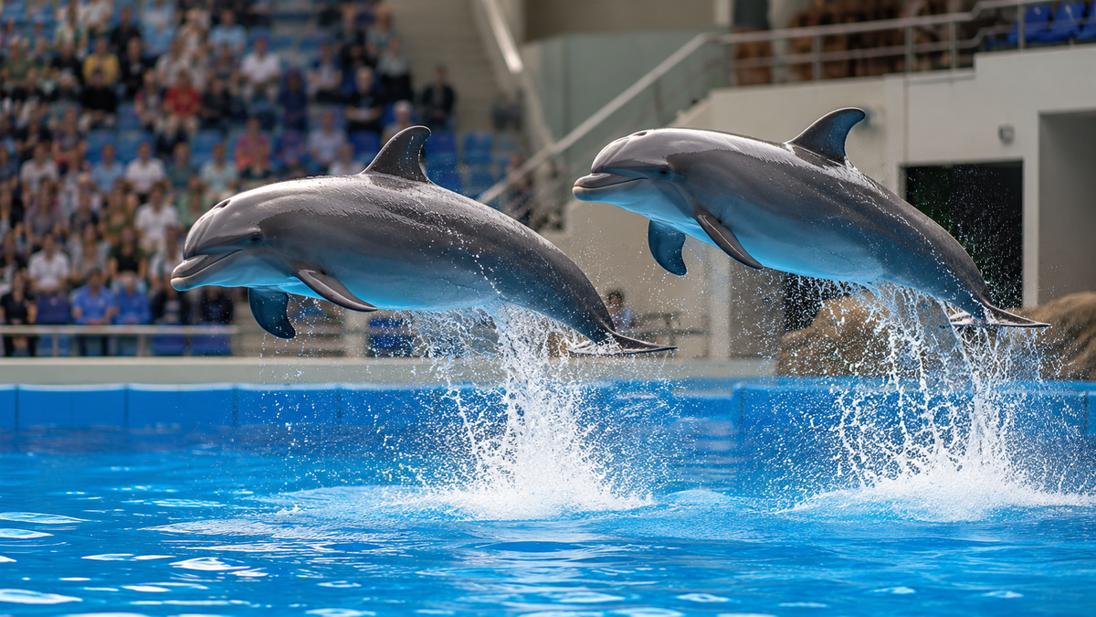 Dolphins leaping during a show at a dolphinarium