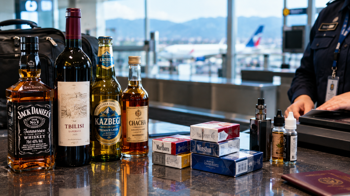 Bottles of whiskey, wine, beer, and chacha stand beside cigarette cartons and vape bottles on a counter as an officer processes a passport at the gate, with planes visible outside.