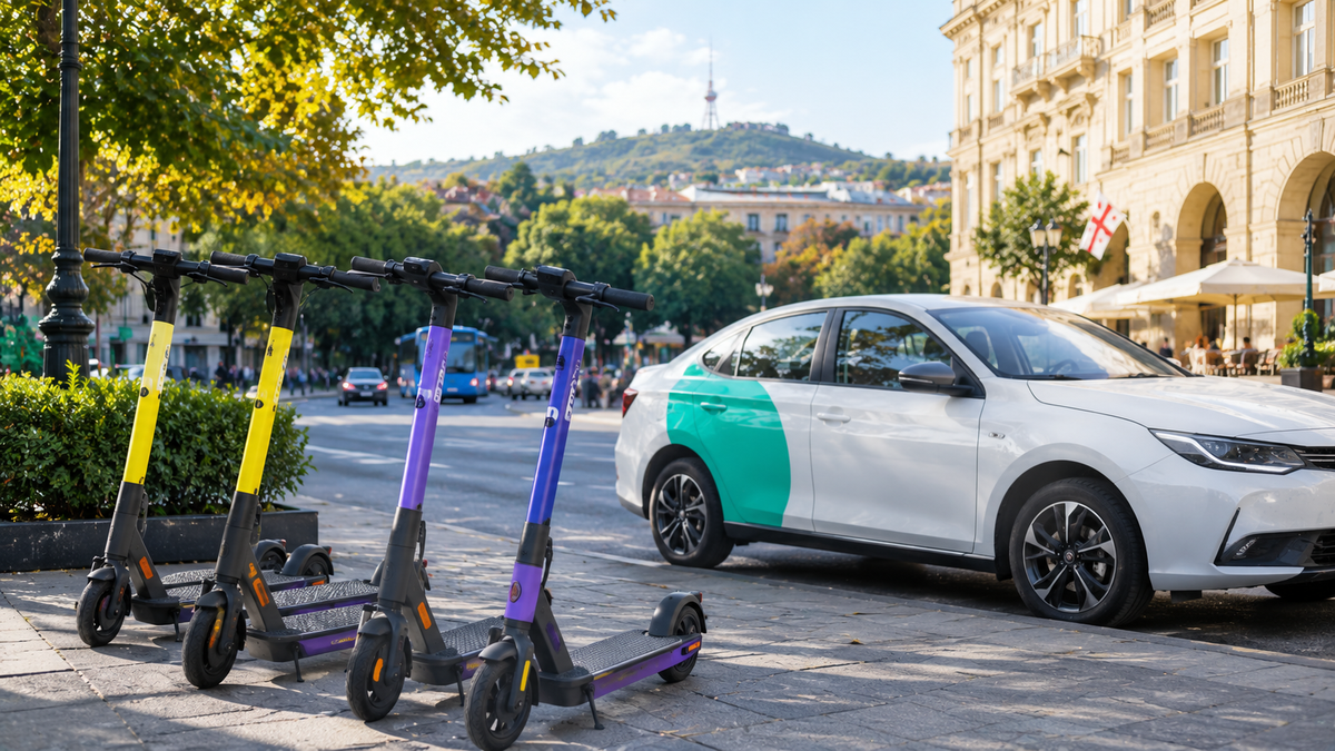 Yellow and purple rental e-scooters parked beside a liveried carsharing sedan on a Tbilisi sidewalk, with Mtatsminda hill and the TV tower in the background.