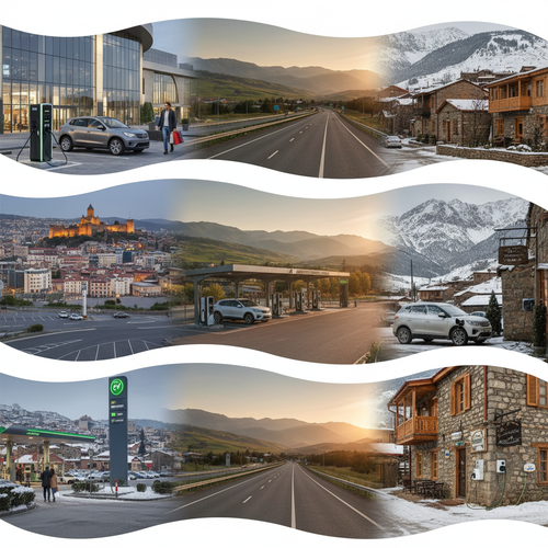 A six-panel composite shows electric cars charging at shopping centers, a highway charging station, and snow-covered mountain guesthouses, alongside views of Tbilisi’s skyline and an open highway at sunset.