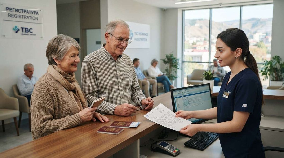 An older man and woman present passports and documents to a receptionist at a clinic registration counter with mountain views through the window behind her.