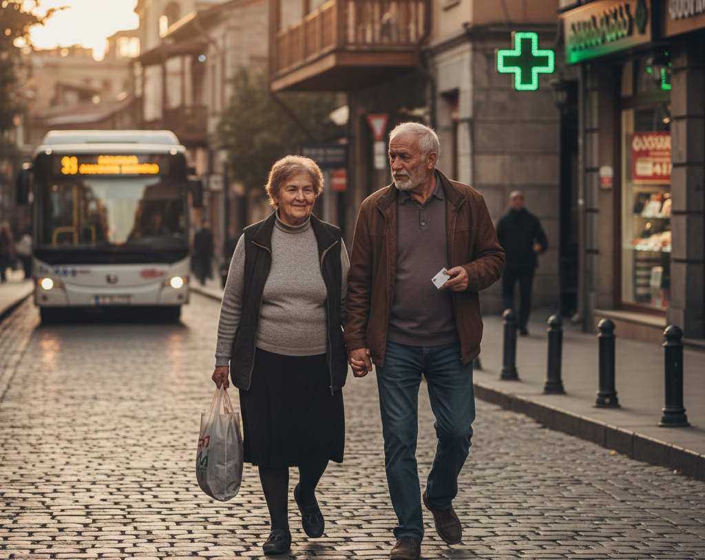 A man and woman walk together carrying a grocery bag past a pharmacy sign and a city bus on an old town cobblestone street at sunset.