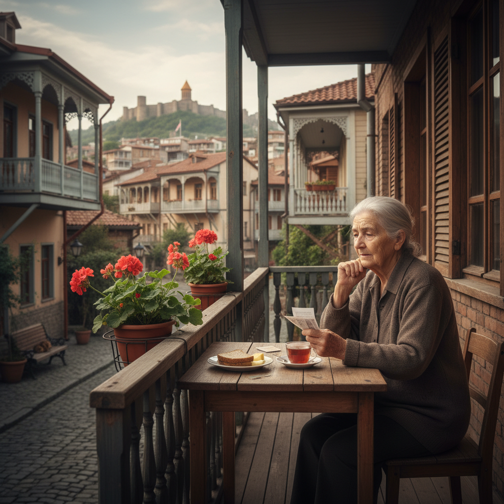 A woman sits at a small table with tea and bread on a wooden balcony decorated with red geraniums, with Narikala Fortress visible above the rooftops behind her.