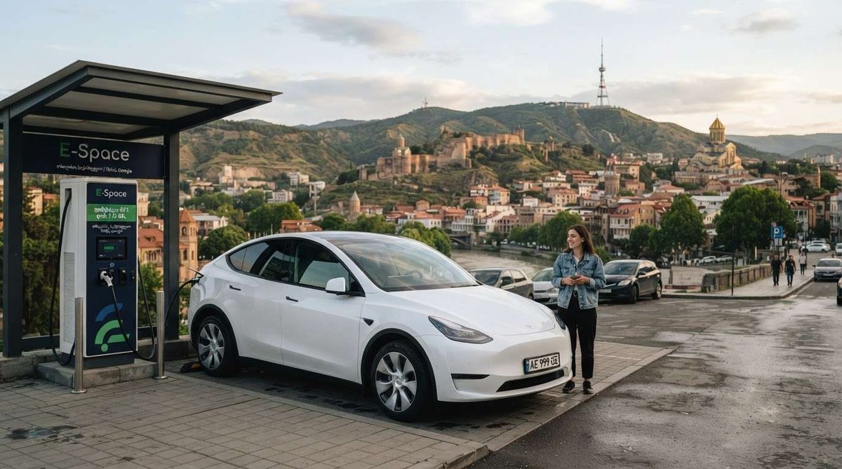 A white electric SUV plugged into an E-Space charging station with a woman standing beside it and Narikala Fortress visible on the hillside behind the city.