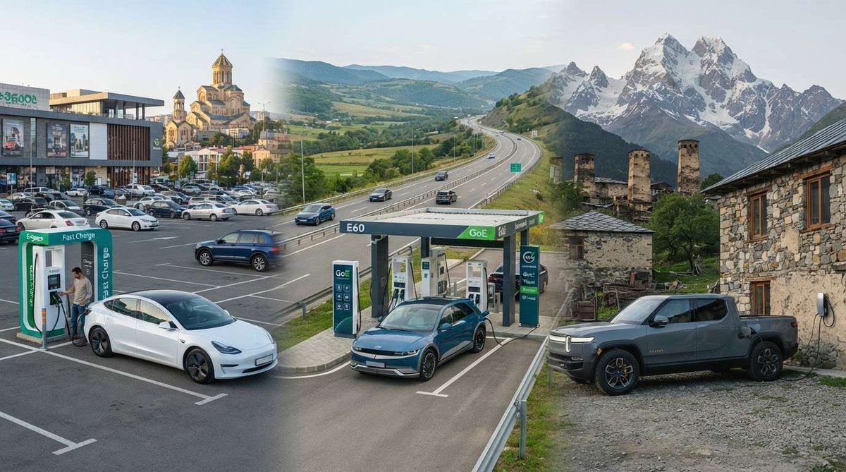 A three-panel composite shows electric vehicles charging in a Tbilisi parking lot near a cathedral, at a highway station in the Georgian countryside, and beside stone Svaneti towers below snow-capped peaks.