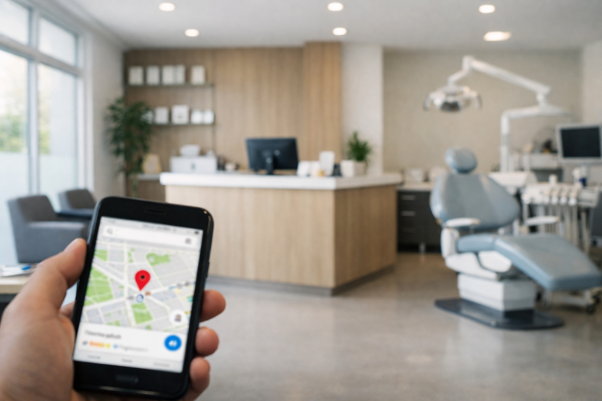 A hand holds a smartphone with a map open in the foreground, while a clean modern dental clinic interior stands empty in the background.
