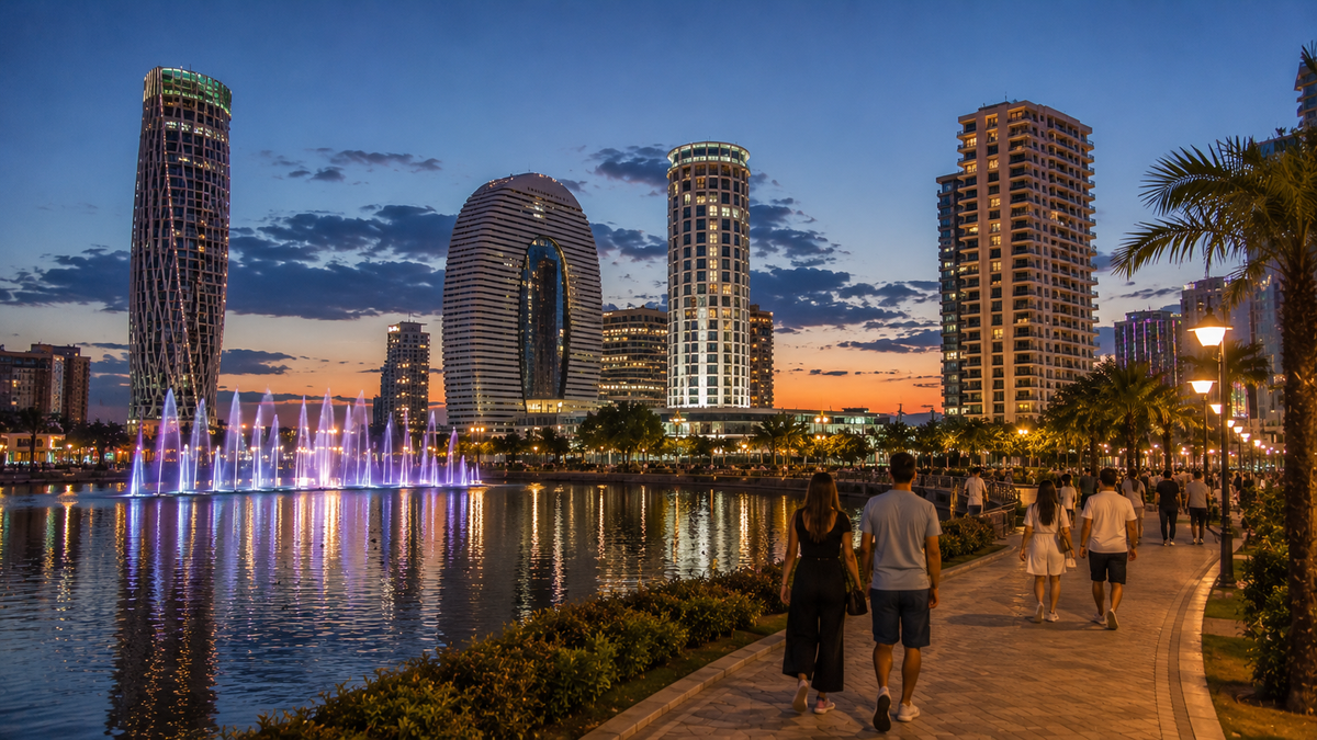 People stroll between Heroes Alley and the Dancing Fountains as lights reflect across the lake in New Batumi.