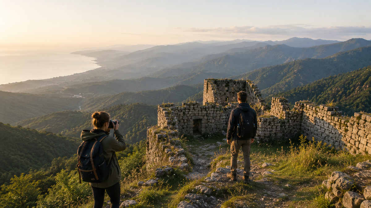Travelers photograph ancient stone fortress ruins on a green ridge, with the Black Sea and mountain valleys stretching into the distance.