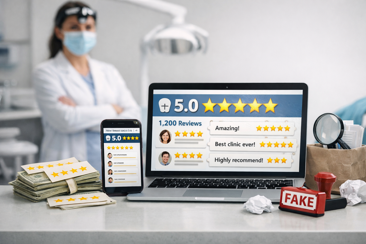 A laptop and smartphone display perfect 5-star reviews alongside cash and a “FAKE” stamp, illustrating the concept of manipulated online ratings in a dental clinic setting.