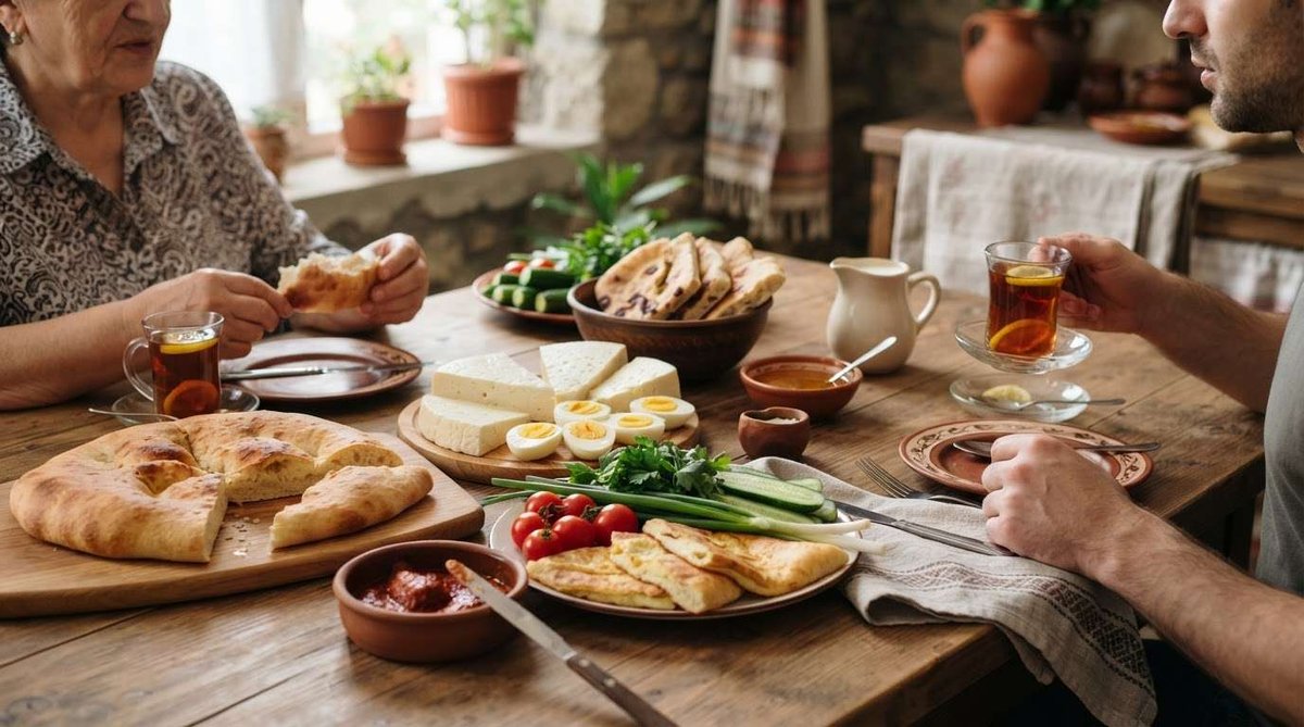 An older woman and a man share tea and bread at a wooden table set with sliced cheese, eggs, puri bread, imeruli khachapuri, cucumbers, and tomatoes in a rustic stone-walled room.
