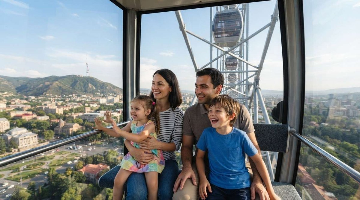 A family with two children in a glass gondola overlooking Tbilisi's hills and rooftops, with the TV tower visible in the distance.