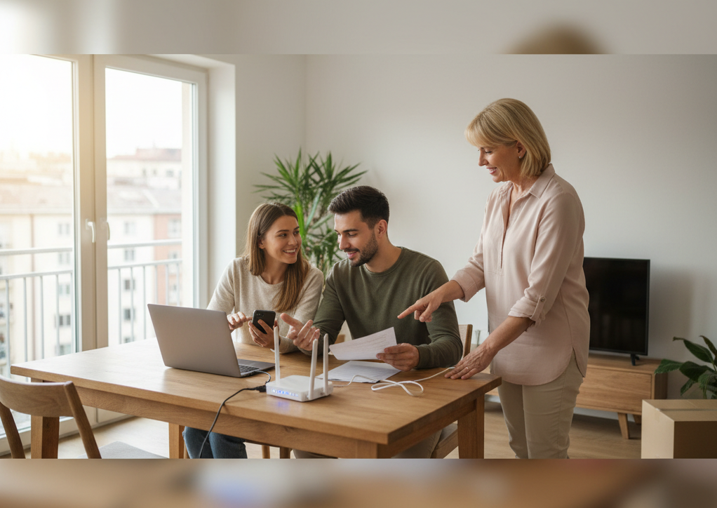 A young couple at a table with a laptop and router while an older woman points at documents, in an apartment with a city view.