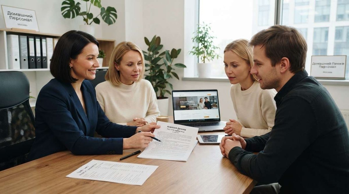 A couple reviewing and signing a nanny agency agreement with a consultant across a desk, with a laptop showing the agency's website
