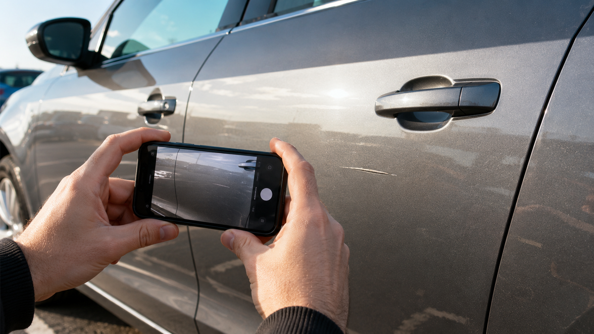 Filming the condition of a hire car with a phone before setting off.