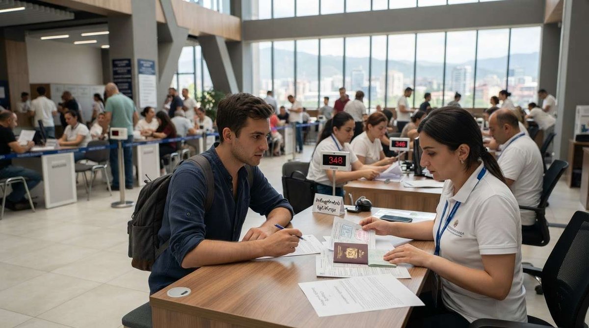 A man handing his passport and papers to a clerk at a service counter, with a queue number display and mountain skyline through large windows.