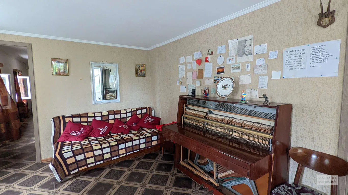 Общая комната с пианино в хостеле Форест