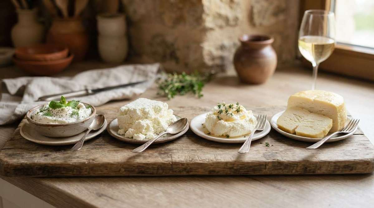 Small plates of nadugi, cottage cheese, ricotta-style cheese, and sliced sulguni are arranged side by side with cutlery and a glass of white wine.