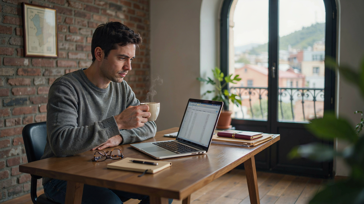 A man reviews financial records on his laptop over morning coffee at a home desk overlooking Tbilisi's old rooftops, weighing whether to open his own business.