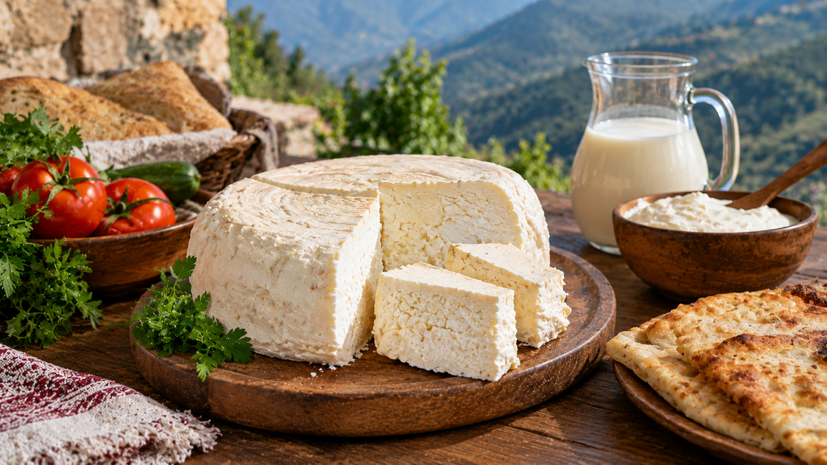 A round of soft white cheese sits sliced on a wooden board beside tomatoes, bread, flatbread, and a pitcher of milk with mountains in the background.