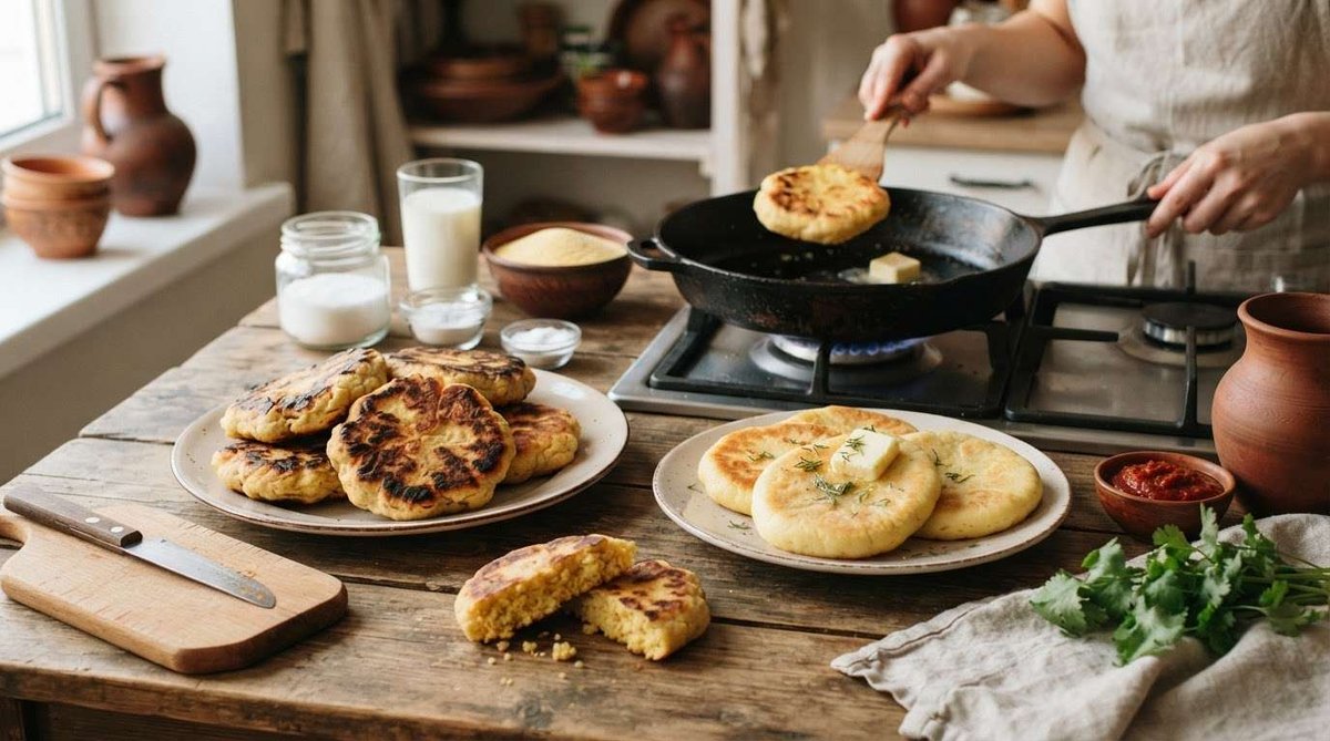 A hand flips a corn flatbread in a cast-iron skillet on a gas stove, with plates of finished mchadi, cheese, herbs, and tkemali sauce on the kitchen table.