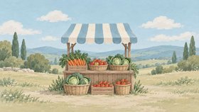 Иллюстрация рыночного прилавка под полосатым тентом: корзины с морковью, помидорами, капустой и другими овощами на фоне зелёной долины.